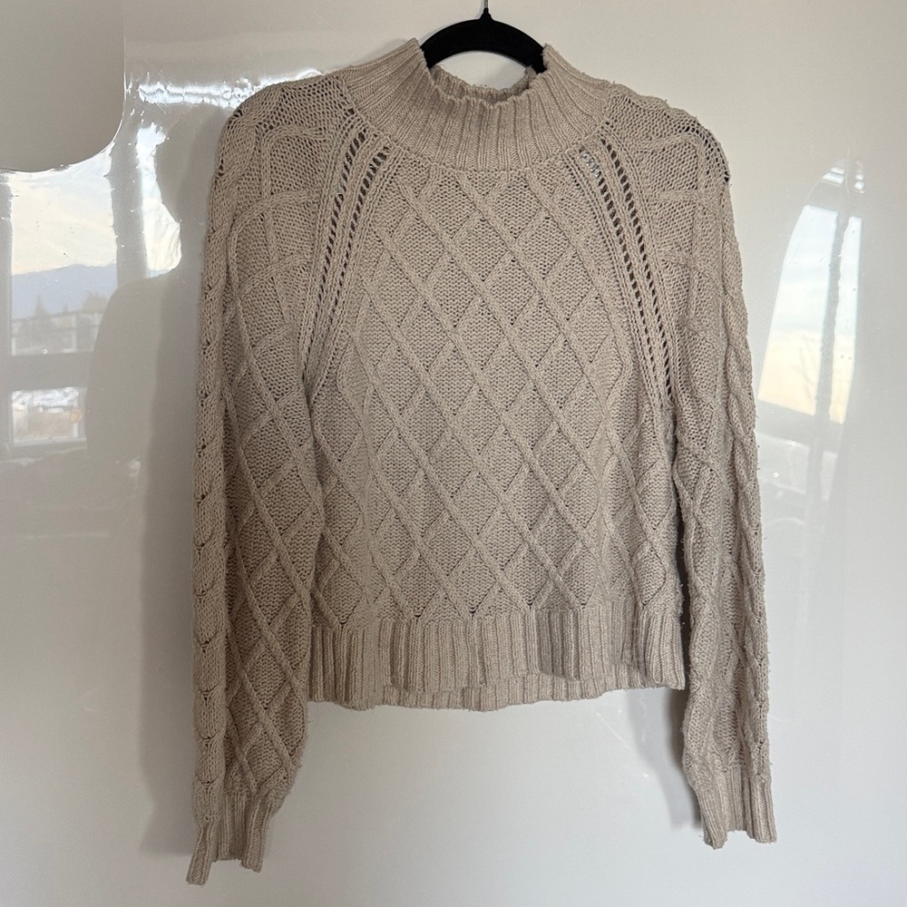 American Eagle Outfitters Beige Cable Knit Turtleneck Sweater